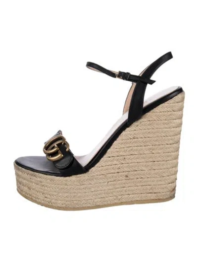 Pre-owned Gucci Double G Logo Leather Espadrilles In Black