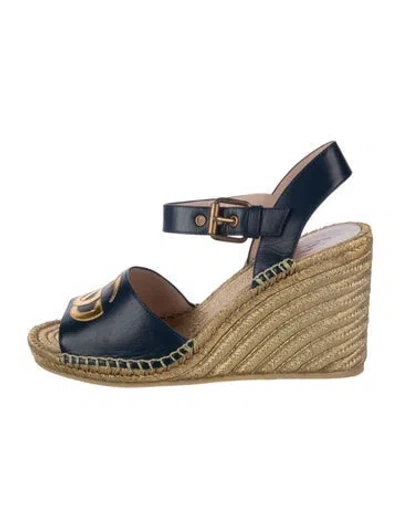 Pre-owned Gucci Double G Logo Leather Espadrilles In Blue/gold