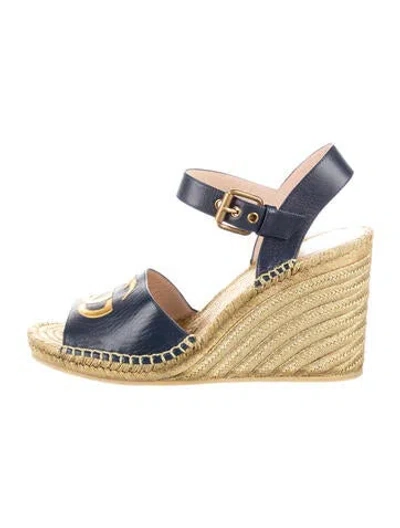 Pre-owned Gucci Double G Logo Leather Espadrilles In Blue/gold/metallic