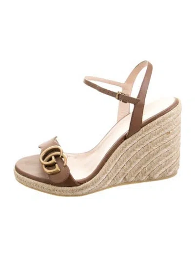 Pre-owned Gucci Double G Logo Leather Espadrilles In Brown