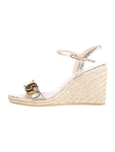 Pre-owned Gucci Double G Logo Leather Espadrilles In Gold/metallic