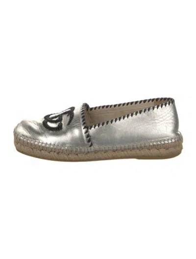 Pre-owned Gucci Double G Logo Leather Espadrilles In Silver