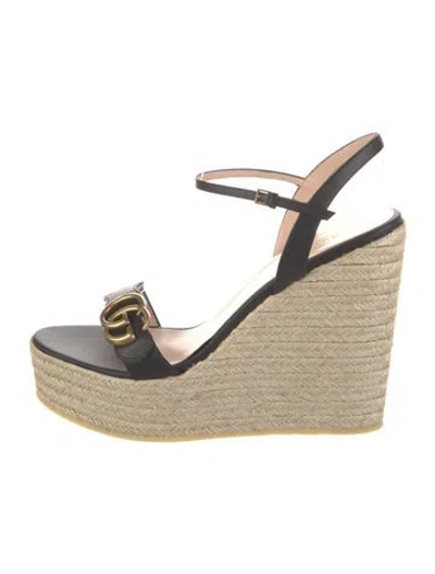 Pre-owned Gucci Double G Logo Leather Espadrilles W/ Tags In Black