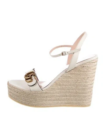 Pre-owned Gucci Double G Logo Leather Espadrilles In White