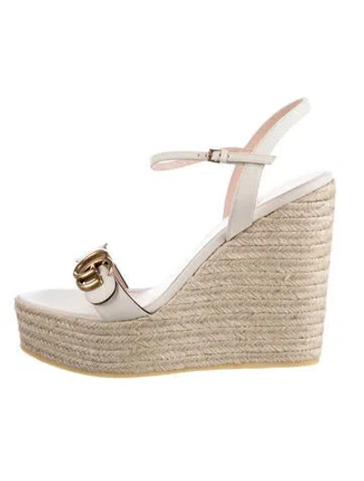 Pre-owned Gucci Double G Logo Leather Espadrilles In White
