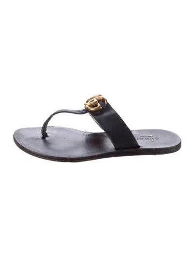 Pre-owned Gucci Double G Logo Leather Flip Flops In Black
