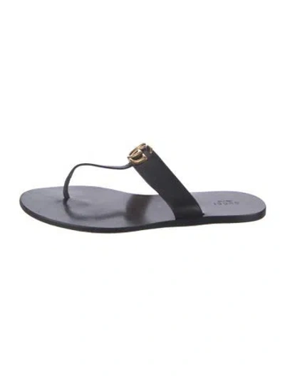 Pre-owned Gucci Double G Logo Leather Flip Flops In Black