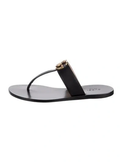 Pre-owned Gucci Double G Logo Leather Flip Flops In Black