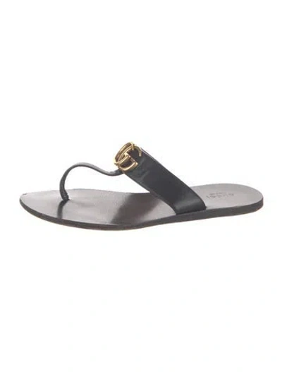 Pre-owned Gucci Double G Logo Leather Flip Flops In Black
