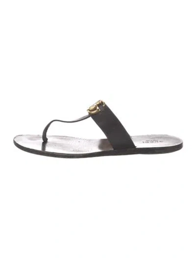 Pre-owned Gucci Double G Logo Leather Flip Flops In Black