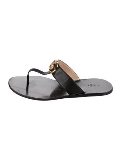 Pre-owned Gucci Double G Logo Leather Flip Flops In Black