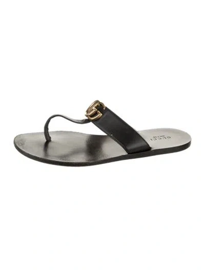 Pre-owned Gucci Double G Logo Leather Flip Flops In Black