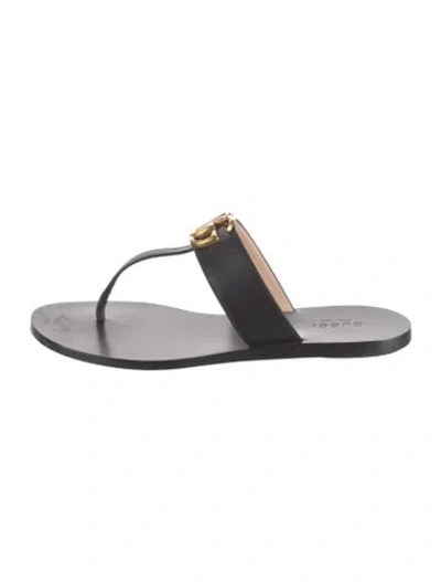Pre-owned Gucci Double G Logo Leather Flip Flops In Black