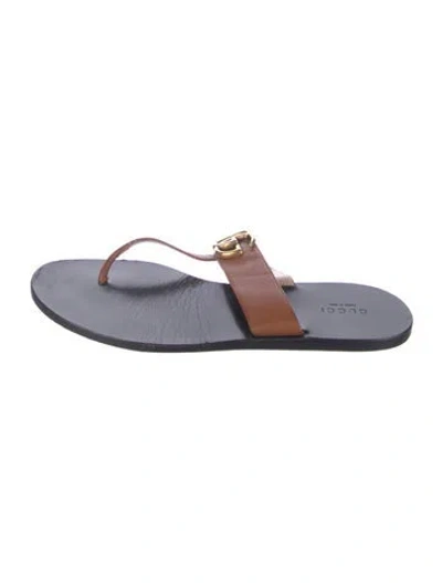 Pre-owned Gucci Double G Logo Leather Flip Flops In Brown
