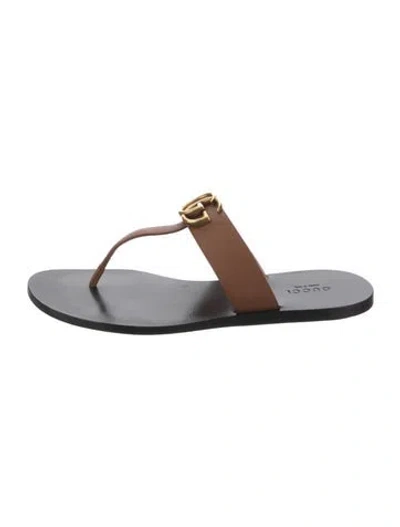 Pre-owned Gucci Double G Logo Leather Flip Flops In Brown