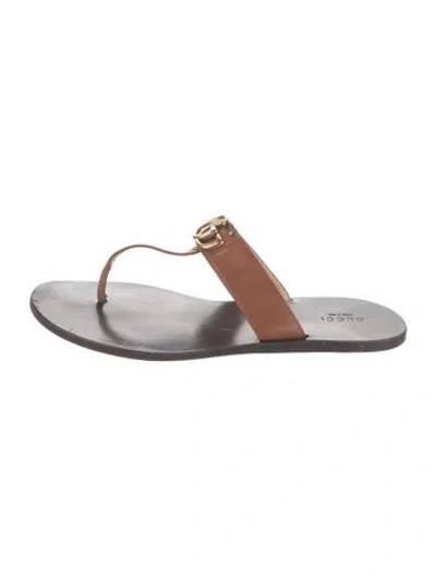 Pre-owned Gucci Double G Logo Leather Flip Flops In Brown