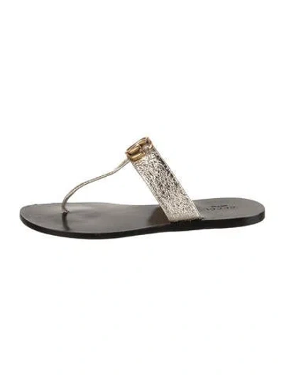 Pre-owned Gucci Double G Logo Leather Flip Flops In Gold