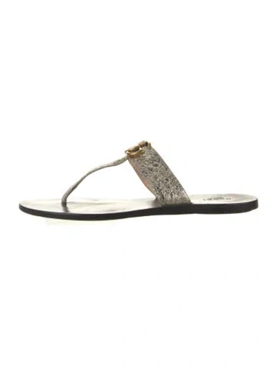 Pre-owned Gucci Double G Logo Leather Flip Flops In Gold/metallic
