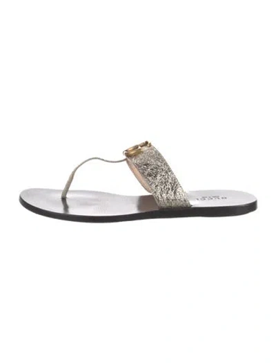 Pre-owned Gucci Double G Logo Leather Flip Flops In Gold/metallic