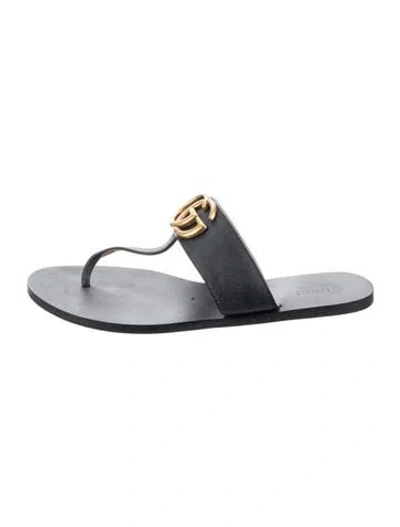 Pre-owned Gucci Double G Logo Leather Flip Flops In Grey