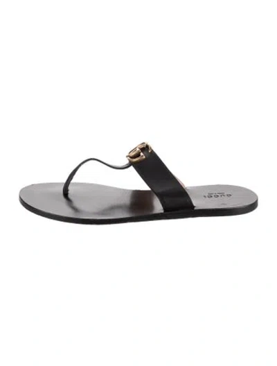 Pre-owned Gucci Double G Logo Leather Flip Flops In Grey