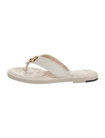 Pre-owned Gucci Double G Logo Leather Flip Flops In Neutrals