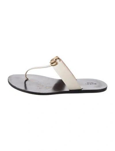 Pre-owned Gucci Double G Logo Leather Flip Flops In Neutrals
