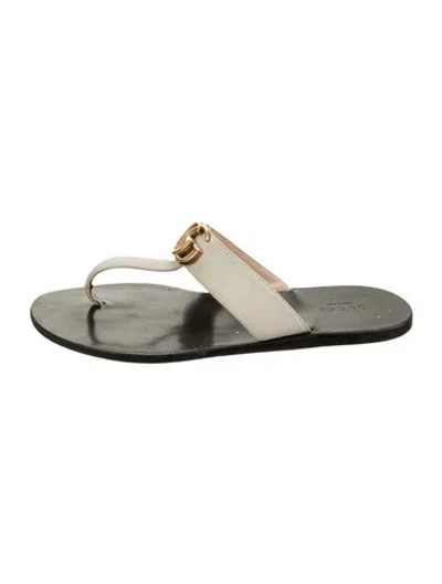 Pre-owned Gucci Double G Logo Leather Flip Flops In Silver