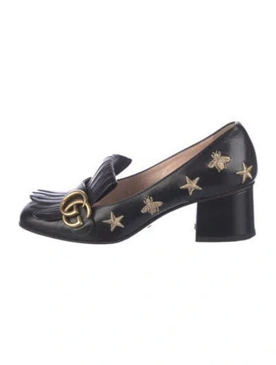 Pre-owned Gucci Double G Logo Leather Loafers In Black