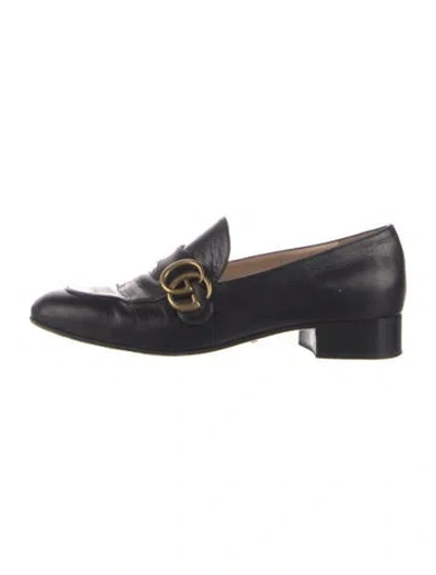 Pre-owned Gucci Double G Logo Leather Loafers In Blue