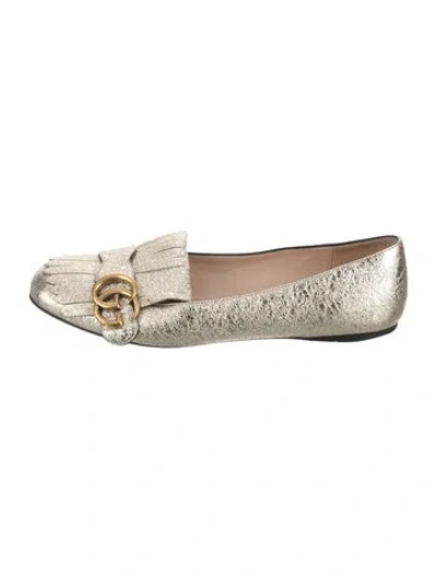 Pre-owned Gucci Double G Logo Leather Loafers In Gold/metallic