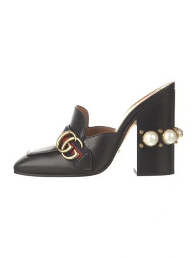 Pre-owned Gucci Double G Logo Leather Mules In Black