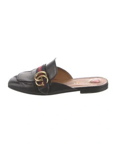 Pre-owned Gucci Double G Logo Leather Mules In Black