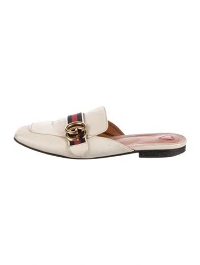 Pre-owned Gucci Double G Logo Leather Mules In Neutral
