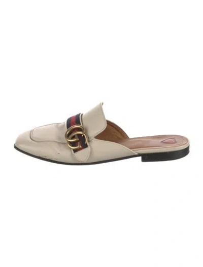 Pre-owned Gucci Double G Logo Leather Mules In Neutrals