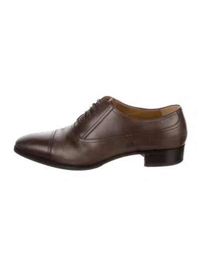 Pre-owned Gucci Double G Logo Leather Oxfords In Brown