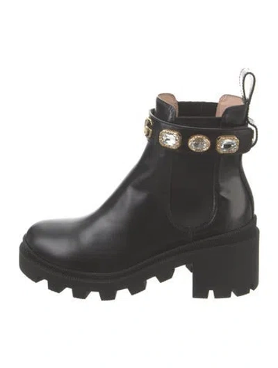 Pre-owned Gucci Double G Logo Leather Rain Boots In Black