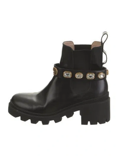 Pre-owned Gucci Double G Logo Leather Rain Boots In Black