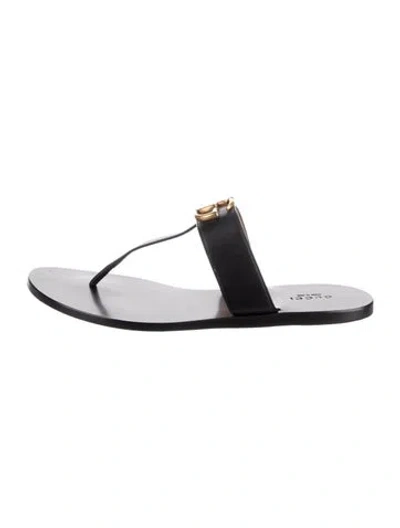 Pre-owned Gucci Double G Logo Leather Slides In Black