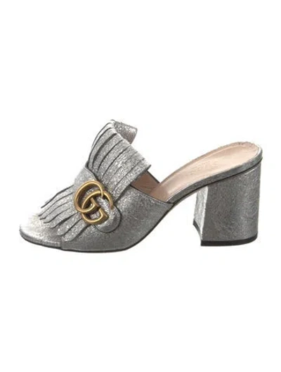 Pre-owned Gucci Double G Logo Leather Slides In Metallic/silver