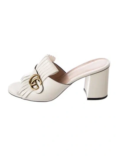 Pre-owned Gucci Double G Logo Leather Slides In White