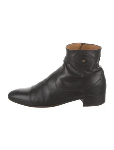 Pre-owned Gucci Double G Logo Leather Slouch Boots In Black