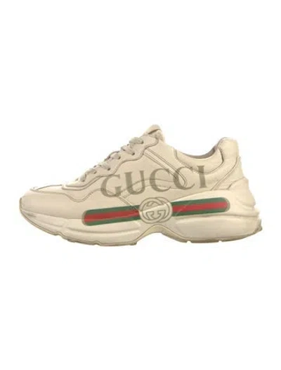 Pre-owned Gucci Double G Logo Leather Sneakers In Neutral