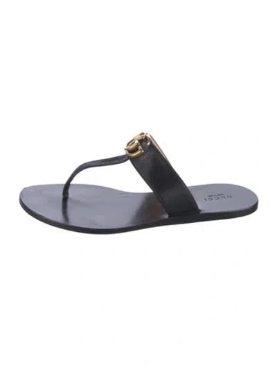 Pre-owned Gucci Double G Logo Leather T-strap Sandals In Black