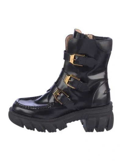 Pre-owned Gucci Double G Logo Patent Leather Combat Boots In Black