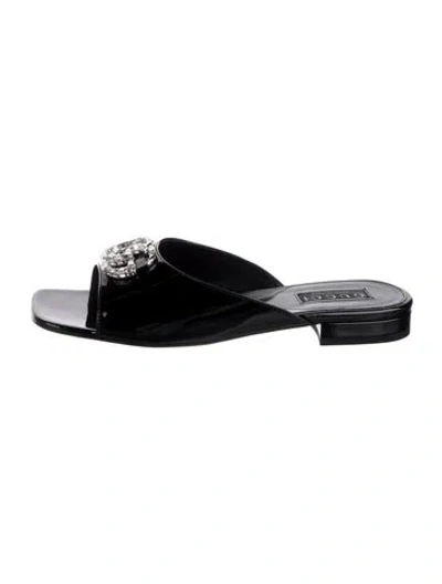 Pre-owned Gucci Double G Logo Patent Leather Slides In Black