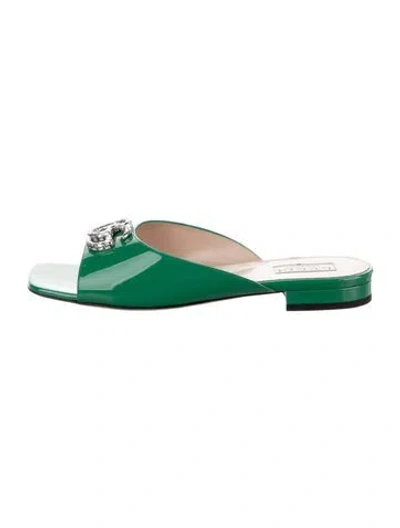 Pre-owned Gucci Double G Logo Patent Leather Slides W/ Tags In Green