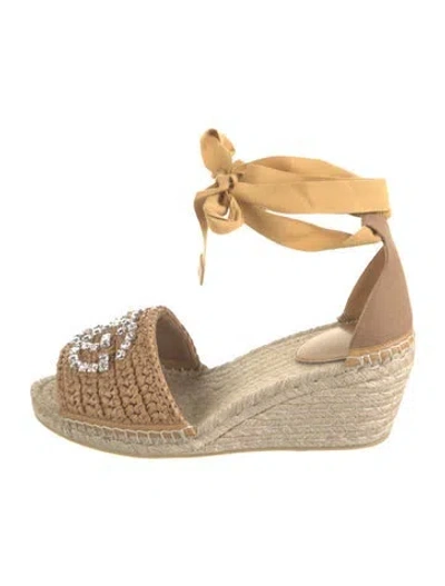 Pre-owned Gucci Double G Logo Raffia Espadrilles In Brown