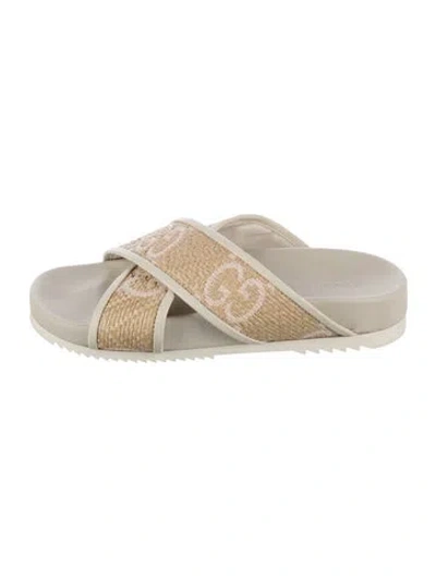 Pre-owned Gucci Double G Logo Raffia Slides In Neutrals