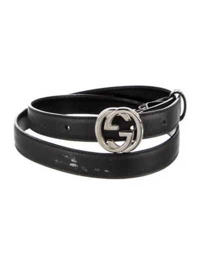 Pre-owned Gucci Double G Logo Skinny Waist Belt In Black